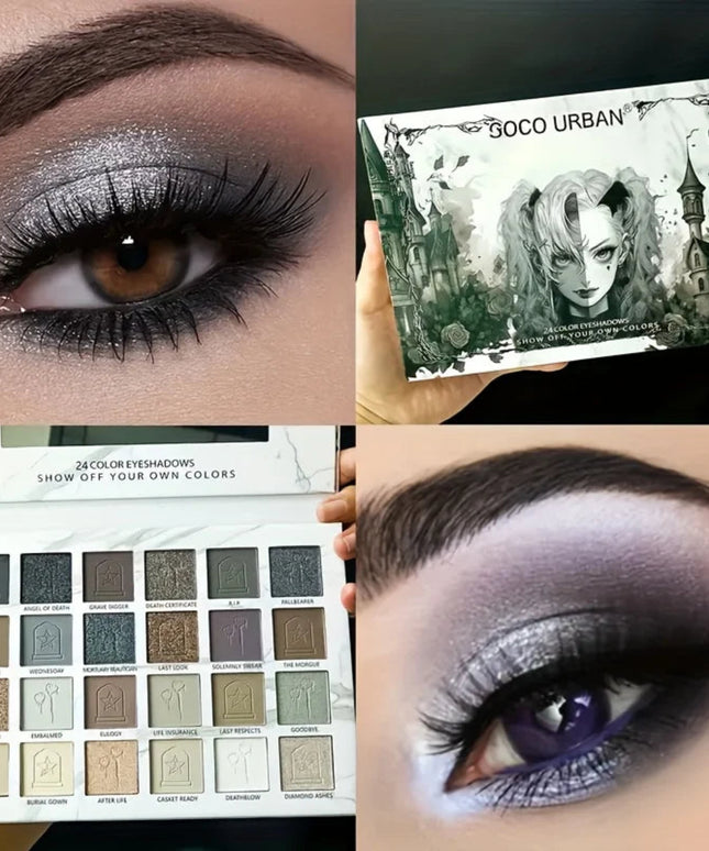 24 Color Vampire Diaries Eyeshadow Palette Dark Elf Gothic Matte Shimmer Dual Finish 12H Wear No Clumping High PigmentPerfect