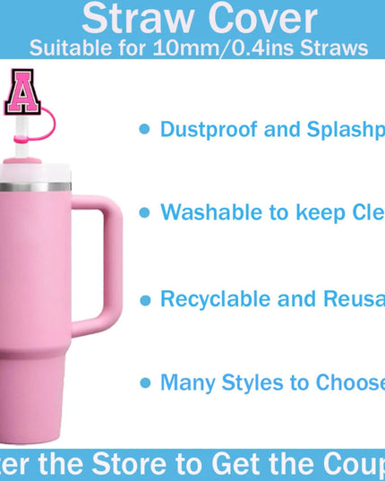 10mm Pink Letter Straw Cover Caps 1PCS Accessories For Cups,Soft Silicone Alphabet Straw Topper Drinkware,Dustproof Straw Caps