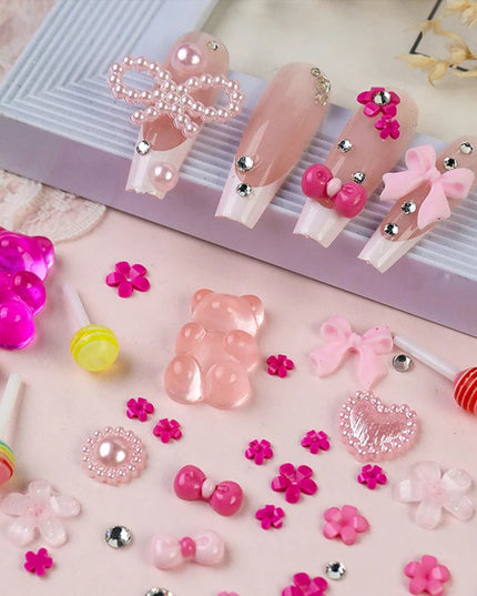 12 Grid Nail Resin Bowknot Bear Nails Art Charms Bowknots Heart Flower Kawaii Diy Decor Lollipop 3D Manicure Rhinestone Tools