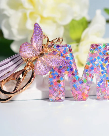 A-Z Dreamy Sequin Letters Keychain for Women Tassel Butterfly Pendant Initial Keyring Purse Suspension Bags Charms Car Key Chain