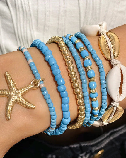 7Pcs Bohemian Shell Bracelet Set For Women Starfish Charm Rice Beads Wristband Bangle Girls Summer Beach Jewelry Accessories