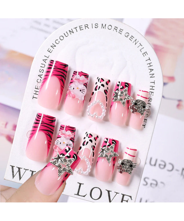 24Pcs Pink French Leopard Hello Kitty False nails 3D Y2k Star Heart Kitty Cat Rhinestones Press On Nails Cute Cartoon Fake Nails