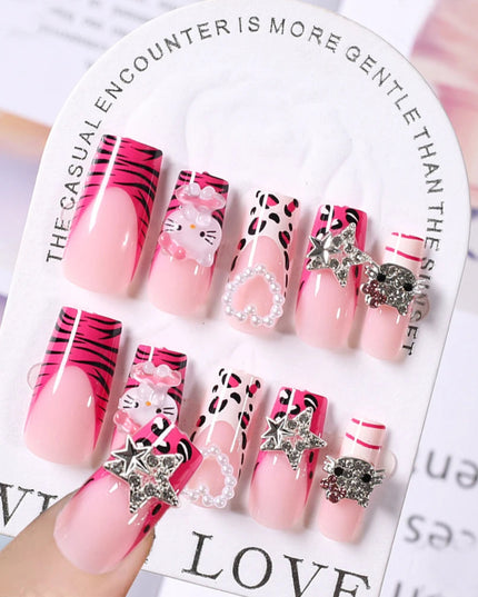 24Pcs Pink French Leopard Hello Kitty False nails 3D Y2k Star Heart Kitty Cat Rhinestones Press On Nails Cute Cartoon Fake Nails