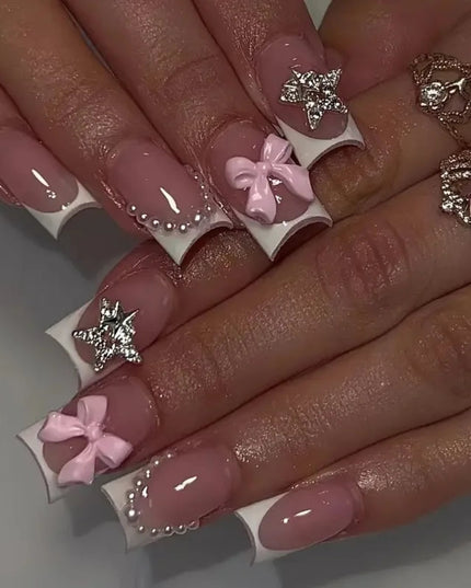 24Pcs Pink French Style Fake Nails 3D Bowknot Designs Short Square Press on Nails Sweet Korean Fashion False Nail for Women Girl