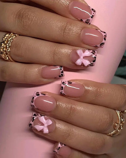 24Pcs Pink French Style Fake Nails 3D Bowknot Designs Short Square Press on Nails Sweet Korean Fashion False Nail for Women Girl