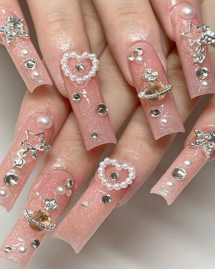 Rose Pink Long Coffin Fake Nails French Style Leopard Star Printed Press on Nails Y2K Girls Charms Manicure Black False Nails