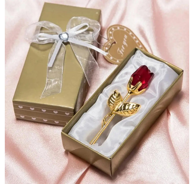 Valentines Day Gift Crystal Glass Rose Artificial Flower Silver Gold Rod Rose Flower For Girlfriend Wedding Gifts For Guest
