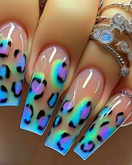 Medium long fake nails for women girls Y2K colorful gradient leopard print Pink green coffee coffin tips press on false nail set