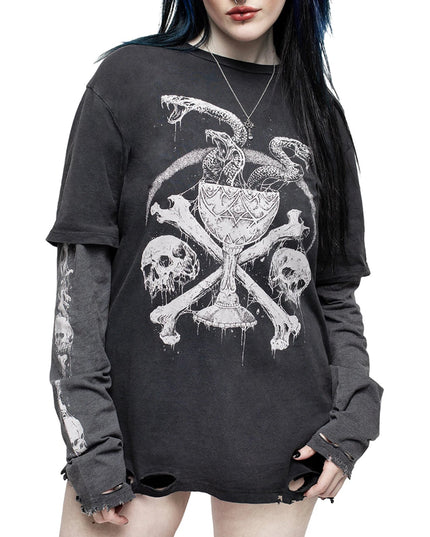 Women Gothic Tops Skull Snake Print Fake Two Pieces Casual Basic Long Sleeve Shirt Fall Pullovers for Club Streetwear