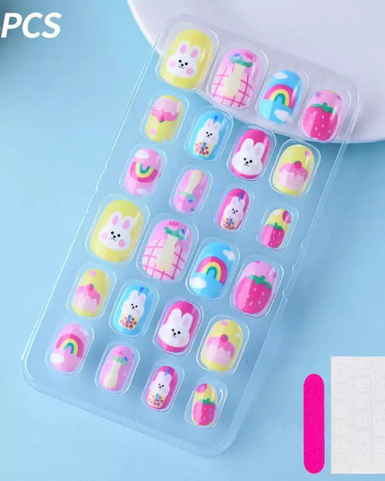 24Pcs Kids Press on Nails Children Fake Nails Girls Full Cover Short False Fingernails for Kids Design Decoration Lovely Pattern