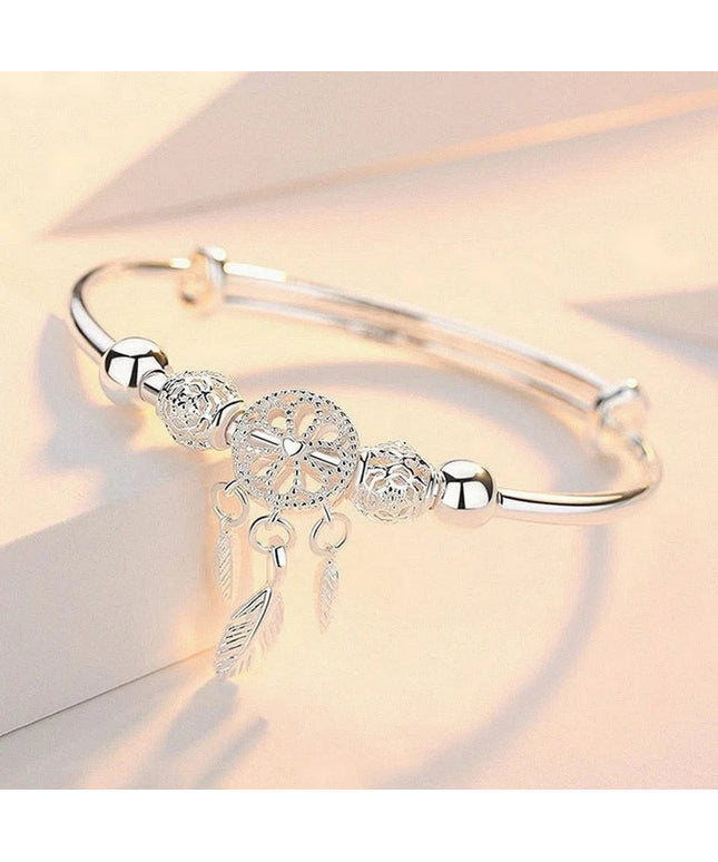925 Sterling Silver Bracelets For Women Adjustable Bangle Dreamcatcher Tassel Feather Round Bead Charm Bracelet Wedding Jewelry