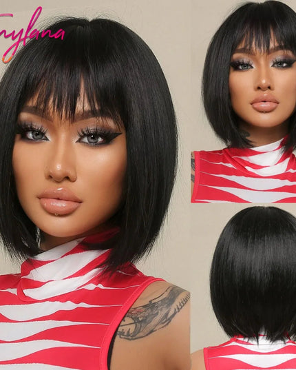 White Blonde Gray Synthetic Wigs with Bangs Short Straight Bob Hair Wig for Women Cosplay Daily Natural Hair Heat Resistant