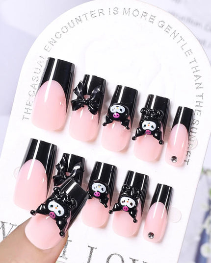 24Pcs Pink French Leopard Hello Kitty False nails 3D Y2k Star Heart Kitty Cat Rhinestones Press On Nails Cute Cartoon Fake Nails