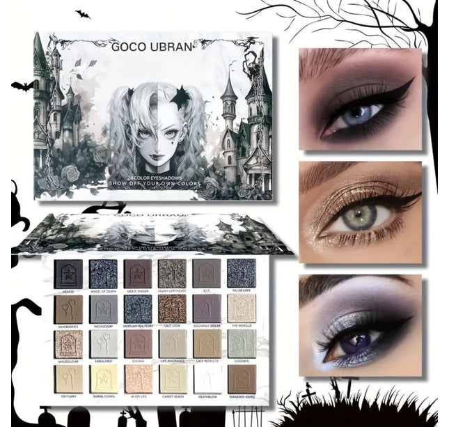 24 Color Vampire Diaries Eyeshadow Palette Dark Elf Gothic Matte Shimmer Dual Finish 12H Wear No Clumping High PigmentPerfect