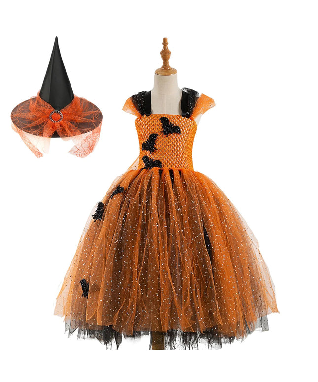 Sparkly Vampire Bat Halloween Costumes for Girls Kids Witch Long Tutu Dress Children Carnival Party Outfit Gold Black Ball Gown