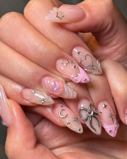 24pcs Almond False Nails Tips Summer Beach Colorful Nails Sets with Pearl Flower Design Press on Nails Art Wearable Fake Nail