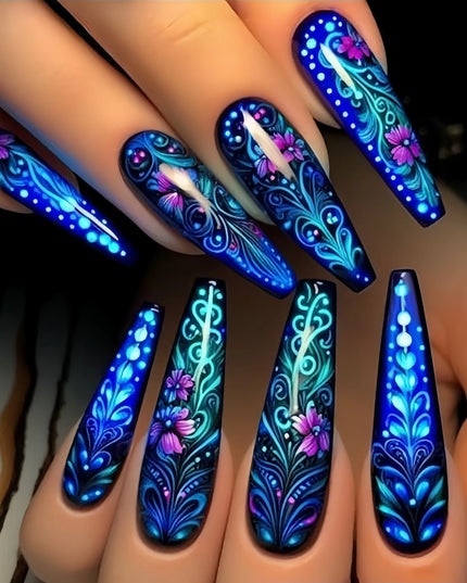 24pcs/set Medium long fake nails for women Spring summer flowers butterfly bee design faux ongles tips press on false nail art