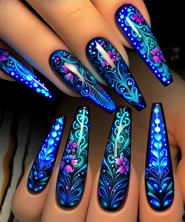 24pcs/set Medium long fake nails for women Spring summer flowers butterfly bee design faux ongles tips press on false nail art