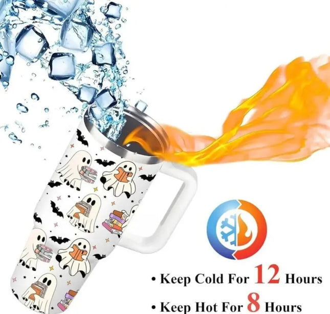 Ghost Reading Tumbler 40Oz With Handle - Halloween Kitchen Decor, Book Reader Gift For Friend,Gift For Mom, Dad, Sister