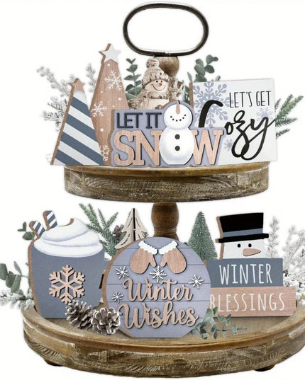 6pcs/set Snowman Christmas Tiered Tray Set Wooden Decoration Set Farmhouse Christmas Decor Bell Coffee Cup Snowflake Wooden Sign
