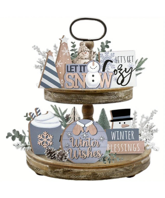 6pcs/set Snowman Christmas Tiered Tray Set Wooden Decoration Set Farmhouse Christmas Decor Bell Coffee Cup Snowflake Wooden Sign