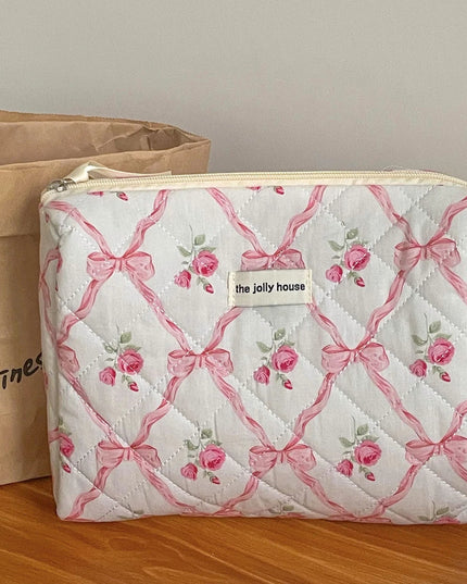 Cute Bow Flower Quilting Cotton Makeup Bag Women Zipper Cosmetic Organizer Female Cloth Handbag Portable Toiletry Case for Girls