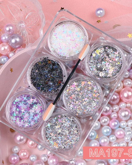 6 jars/set Eyeshadow Glitter Gel Cream Face Hair Body Nail Glitter Gel Heart Star Moon Loose Sequins Festival Makeup Decorations