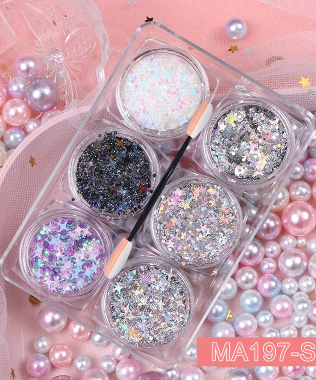 6 jars/set Eyeshadow Glitter Gel Cream Face Hair Body Nail Glitter Gel Heart Star Moon Loose Sequins Festival Makeup Decorations