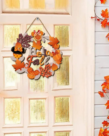 Thanksgiving Wooden Door Hanging - Whimsical Cartoon Mouse Fall Sign with Autumn Wreath & Maple Decor for Front Entryway