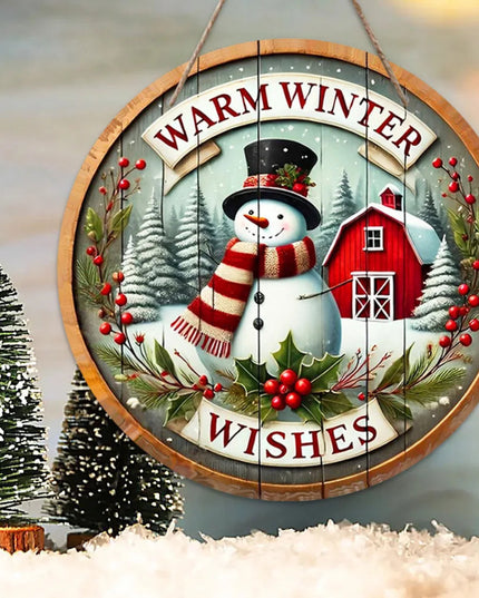 Natural Wood Grain 7.9" Christmas Wreath Decoration Wooden Hand-Sanded Snowman Wall Door Home Door Plate Hanging Ornament Decor