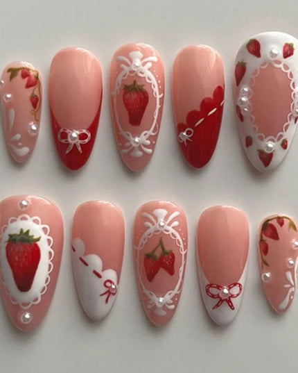 24pcs Almond False Nails Tips Summer Beach Colorful Nails Sets with Pearl Flower Design Press on Nails Art Wearable Fake Nail