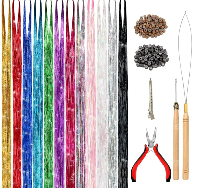 Hair Tinsel Kit Fairy Tinsel Hair Extensions With Tool 12 Colors Heat Resistant for Christmas New Year Party 48inch