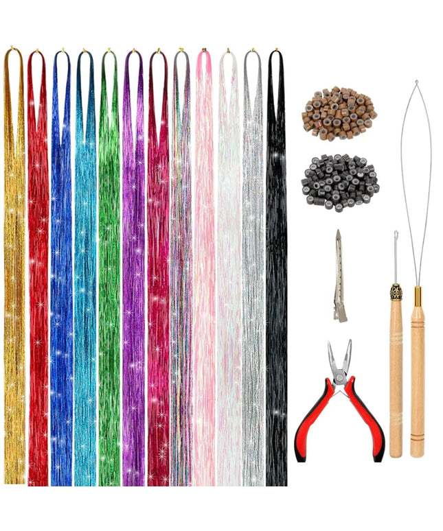 Hair Tinsel Kit Fairy Tinsel Hair Extensions With Tool 12 Colors Heat Resistant for Christmas New Year Party 48inch