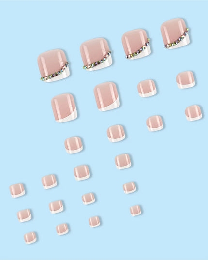 Nude Color False Toenail with Rhinestones Short Square Style Glossy False Nail with Glue for Women and Girl Party Activity