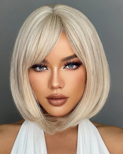 White Blonde Gray Synthetic Wigs with Bangs Short Straight Bob Hair Wig for Women Cosplay Daily Natural Hair Heat Resistant