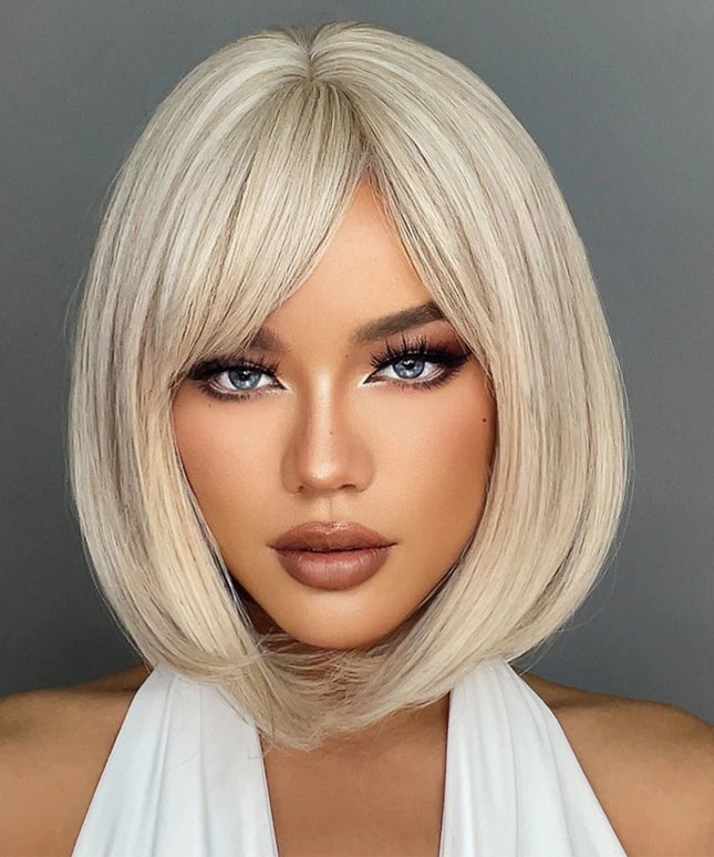 White Blonde Gray Synthetic Wigs with Bangs Short Straight Bob Hair Wig for Women Cosplay Daily Natural Hair Heat Resistant