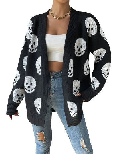 Women s Halloween Casual Knit Cardigan Long Sleeve Open Front Skull Print Knitwear Sweater