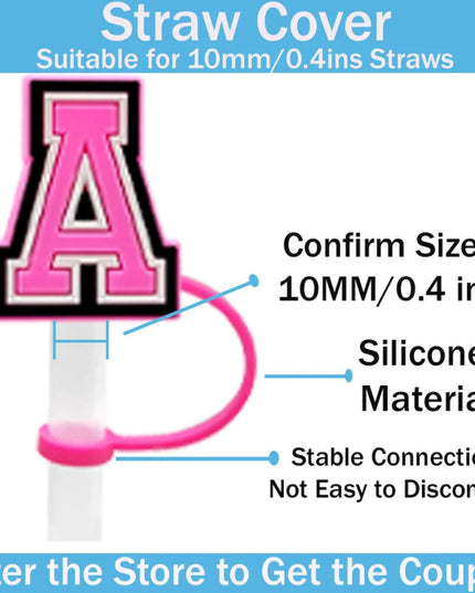 10mm Pink Letter Straw Cover Caps 1PCS Accessories For Cups,Soft Silicone Alphabet Straw Topper Drinkware,Dustproof Straw Caps