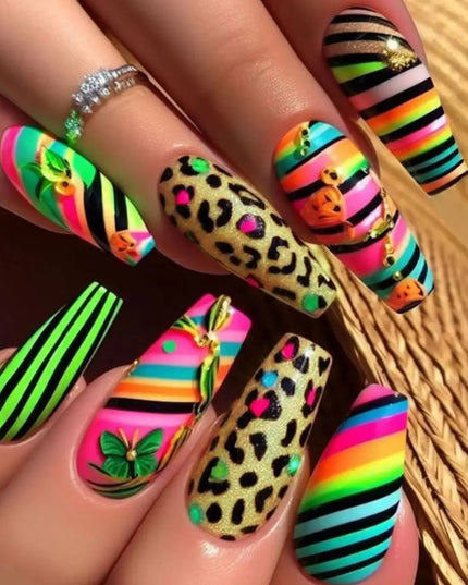 Medium long fake nails for women girls Y2K colorful gradient leopard print Pink green coffee coffin tips press on false nail set