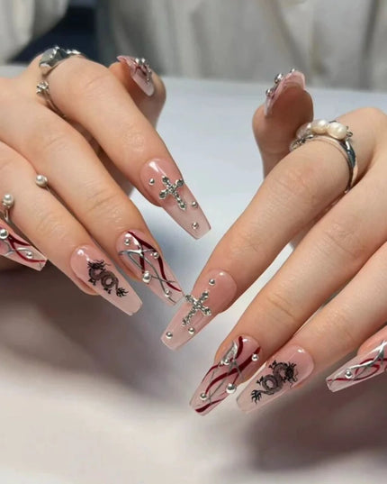 24Pcs Horror Comic Tomie Press on Nails Almond Glossy Black Japanese Anime Nails Reusable Halloween False Nail Tips for Girls