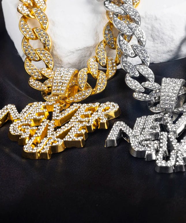 Hip Hop Men Women NEVER GIVE UP Letter Pendant Necklace Iced Out Bling Crystal 13mm Cuban Link Chain Necklaces Rock Jewelry Gift