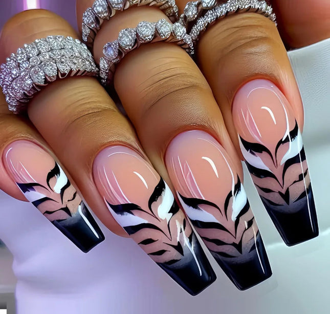 Medium long fake nails for women girls Y2K colorful gradient leopard print Pink green coffee coffin tips press on false nail set