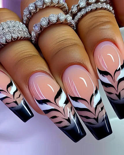 Medium long fake nails for women girls Y2K colorful gradient leopard print Pink green coffee coffin tips press on false nail set