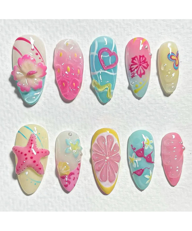 24pcs Almond False Nails Tips Summer Beach Colorful Nails Sets with Pearl Flower Design Press on Nails Art Wearable Fake Nail