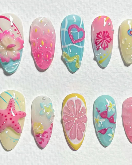 24pcs Almond False Nails Tips Summer Beach Colorful Nails Sets with Pearl Flower Design Press on Nails Art Wearable Fake Nail