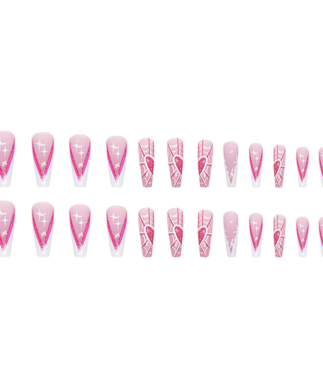Pink Long Fake Nails with Spider Web Printed Charming Comfortable to Wear Manicure Nails for Women and Girl Nail Salon