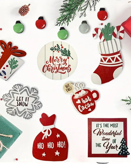 Christmas Tiered Tray Set Wooden Decoration Set Farmhouse Christmas Decor Bell Coffee Cup Snowflake Cookie Wooden Signs