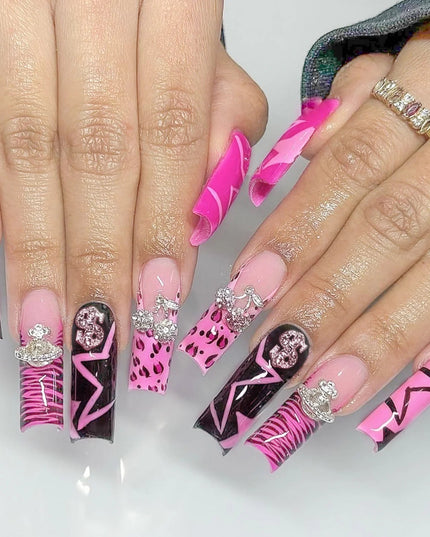 Rose Pink Long Coffin Fake Nails French Style Leopard Star Printed Press on Nails Y2K Girls Charms Manicure Black False Nails
