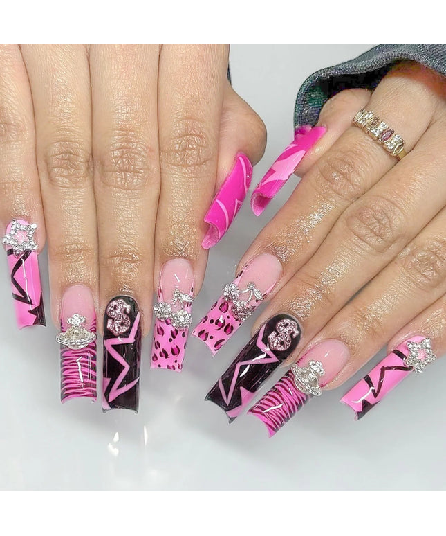 Rose Pink Long Coffin Fake Nails French Style Leopard Star Printed Press on Nails Y2K Girls Charms Manicure Black False Nails
