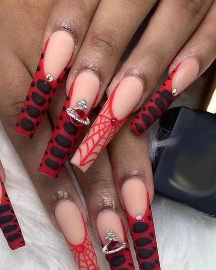 Scary Blood Skull Fake Nails Long Coffin Ballet Halloween Style False Nails 24pcs Wearable Press on Nail tips for Halloween Gift